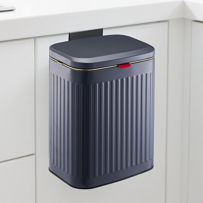 2.11Gallon 8L Carbon Steel Trash Can Door Compost Bin Wall Mounted 2 Ways Sliding Lid Compost Bin Countertop Kitchen Hanging Cabinet Door Trash Bin Metal Garbage Bin Cubo de Basura Grey