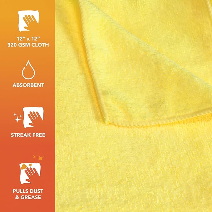 Arkwright Microfiber Cleaning Cloths - (Pack of 12) Lint & Streak-Free Drying Wash Towels, 320 GSM Super Absorbent & Quick Dry, Perfect Cleaner for Car, Glass, and Window, 12 x 12 in, Yellow