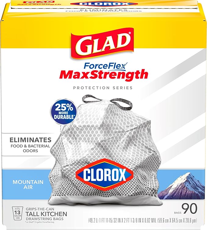 Glad Tall Kitchen Trash Bags 13 Gallon, MaxStrength Mountain Air Garbage Bags, Drawstring, 90 Count