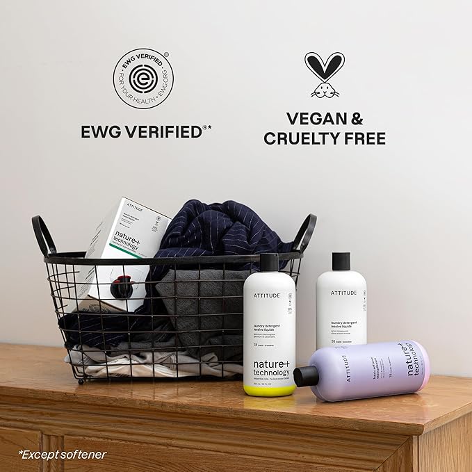 ATTITUDE Laundry Detergent Liquid, Natural Origin Ingredients, EWG Verified, High Efficiency (HE), Infused with Essential Oils, For White and Colored Clothing, Lavender & Rosemary, 38 Loads, 32 Fl Oz