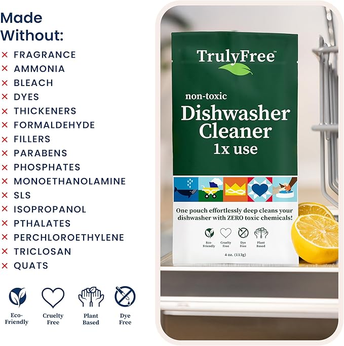 Truly Free Natural Dishwasher Cleaner - Dish Washer Machine Descaler, Fights Grease & Limescale, Hard Water Stain Remover, Smell Eliminator for Clean Dishwashers - Lemon Fresh Scent, 4 oz (Pack of 1)