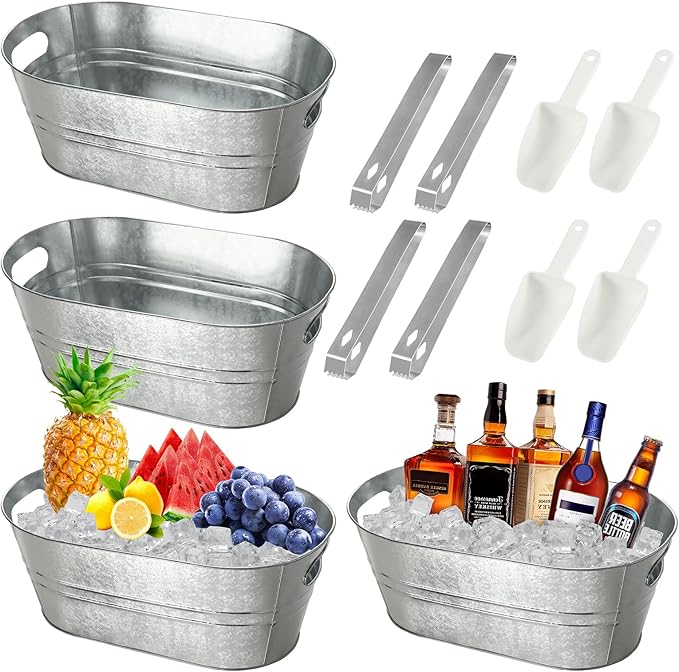 12 Pcs Galvanized Tub Ice Buckets 3 Gallon Metal Champagne Drink Bucket with Handles Large Beverage Tubs Wine Beer Storage Cooler Ice Buckets for Parties Mimosa Bar Supplies with Ice Scoop and Tongs