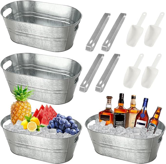 12 Pcs Galvanized Tub Ice Buckets 3 Gallon Metal Champagne Drink Bucket with Handles Large Beverage Tubs Wine Beer Storage Cooler Ice Buckets for Parties Mimosa Bar Supplies with Ice Scoop and Tongs