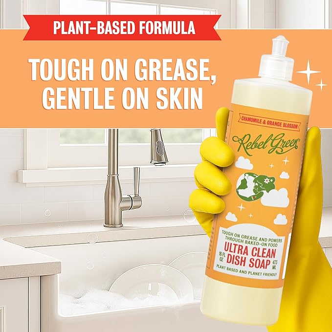 Rebel Green Super Deluxe Dish Soap - Natural Dishwashing Soap - Liquid Dish Detergent - Sustainable Dish Liquid Scented with Orange & Chamomile