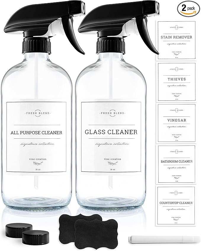Vine Creations Glass Spray Bottles, 2 Pack Refillable Spray Bottles for Cleaning Solutions, Plant Misters, Clear Glass Spray Bottle for hair, 16 oz Mister Spray Bottle with Waterproof Labels