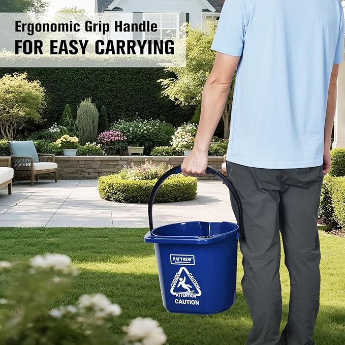 Matthew Cleaning 4.2 Gallon Mop Bucket, Heavy Duty Plastic Cleaning Bucket with Built-in Pour Spout, Mop Holder and Comfort Grip Handle, House and Commercial Cleaning Supplies, 2 Pack Blue