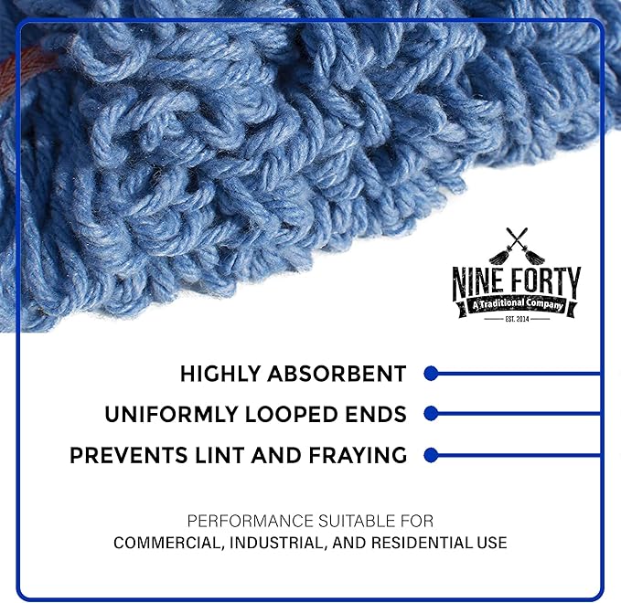 Nine Forty 2-Pack Industrial and Commercial-Grade Looped End Wet Mop Head Refill - Heavy Duty 20 Inch 4-Ply Premium Synthetic Yarn - for Optimal Absorption and Durability - Blue (2 Pack, Large)