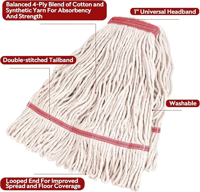 Matthew Cleaning Pack of 12 Heavy Duty Commercial White Mop Head Replacement for General and Floor Cleaning,Wet Industrial Blend Cotton Looped End String Head Refill