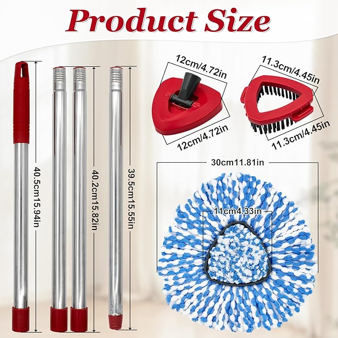 Spin Mop Handle,Mop Heads Replacements,Scrubber Mop Head and Mop Base Combo Set Compatible with Ocedar RinseClean 2-Tank Spin Mop,Mop Replace Head and Scrub Brush Set for Multi-Surface Hard Floor