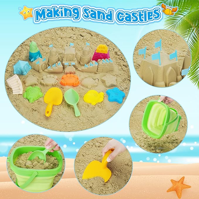 Collapsible Beach Toys for Kids, Foldable Sand Bucket and Shovels Set with Mesh Bag, Sand Castle Building Kit, Sandbox Toys, Travel Sand Toys Beach Essentials for Toddlers Age 3-10