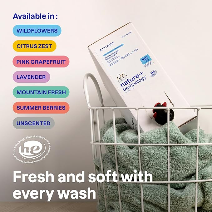ATTITUDE Liquid Laundry Detergent Refill, EWG Verified, HE Compatible, Plant-Based & Vegan, Natural Laundry Soap, Citrus Zest Scent, 160 Loads, 135.26 Fl Oz
