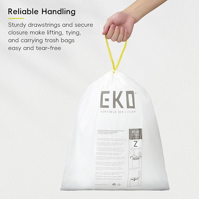 EKO 12.5 Gallon / 40-60 Liter, 110 Count Drawstring Trash Bags, Extra-Strong Garbage Bags, Unscented, Leak-Resistant, Easy-Dispense Roll for Kitchen & Household Use, Code Z, White