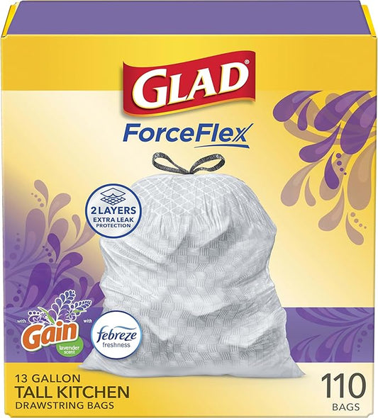 Glad ForceFlex Tall Kitchen Trash Bags, 13 Gallon, Gain Lavender, 110 Count (Package May Vary)