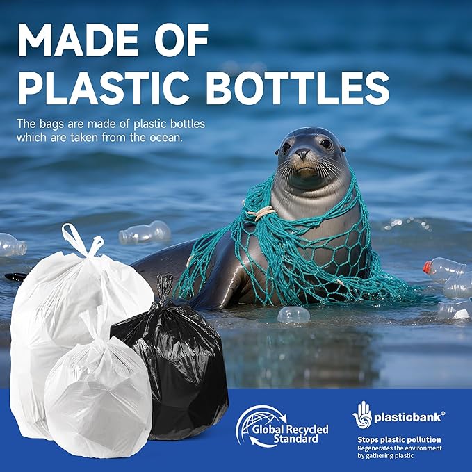 Small Trash Bags with Handles 8 Gallon 40 Count White - Ocean Plastic Upcycling - Plastic Garbage Bags, Can Bin & Waste Basket Liner for Kitchen, Bathroom, Office and Pets