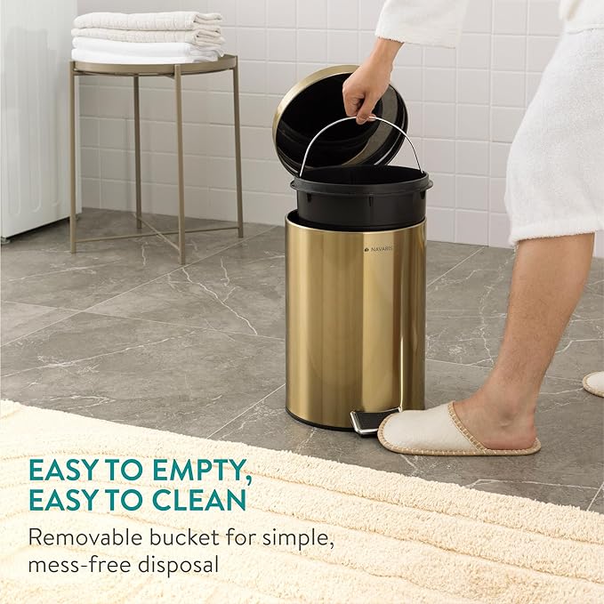 Navaris Gold Pedal Bin 3.2 gal (12 Litre) - 12L Kitchen Bin with Lid and Removable Inner Bucket - Recycling Bins for Kitchen Bathrooms Toilet Office or Bedroom - Metallic Gold