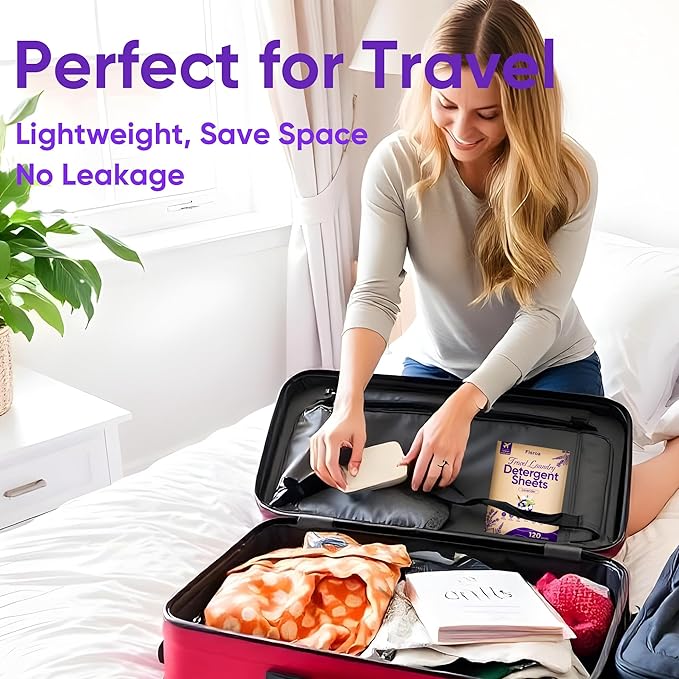 Travel Laundry Detergent Sheets Eco-friendly 120 Loads Fisroa Clothes Washing Detergent Sheets Plastic-Free Washer Strips, Lavender Liquidless Laundry Sheets Strips