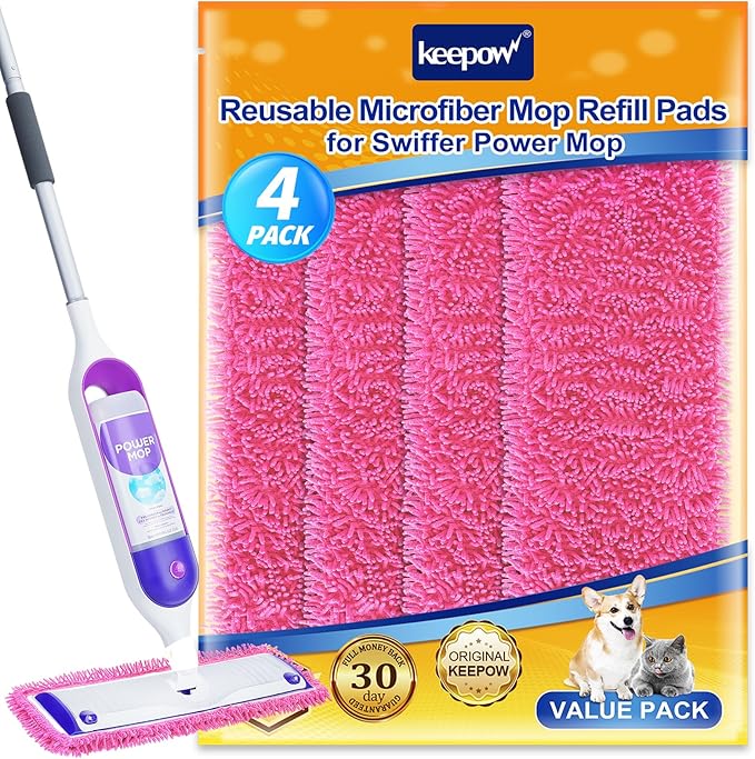 Reusable Power Mop Refills Pads Compatible with Swiffer PowerMop Mop - Microfiber Power Mop Pads Refill for 13 ''-15 '' Spray Mop- Washable Pads for Multi-Surface Floor Cleaning, 4 Pack