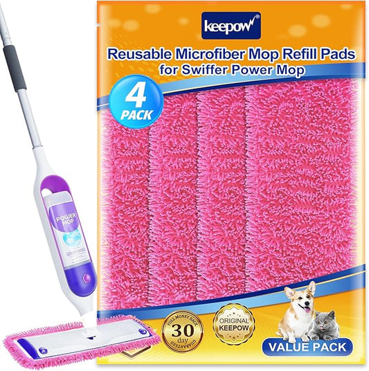 Reusable Power Mop Refills Pads Compatible with Swiffer PowerMop Mop - Microfiber Power Mop Pads Refill for 13 ''-15 '' Spray Mop- Washable Pads for Multi-Surface Floor Cleaning, 4 Pack