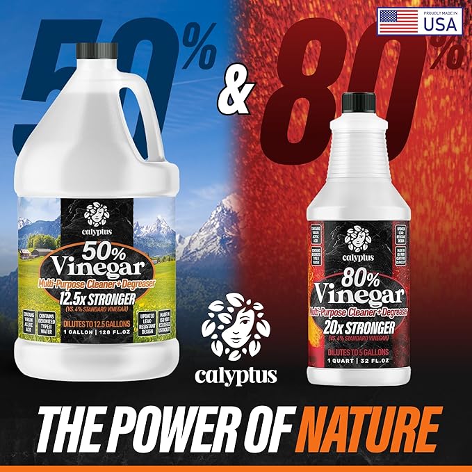 Calyptus 50% Pure Concentrated Vinegar | Maximum-Performance (12.5X) Power | Technical Grade | Dilutes Easily to 5% Acidity (1.5 Cups per Gallon) | Home and Outdoor Cleaning Concentrate | 2 Gallon