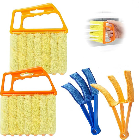 2Pcs Window Venetian 7 Finger Blind Cleaner Duster Tool and 2Pcs dust-Removing Brushes（Orange,Yellow, Blue）