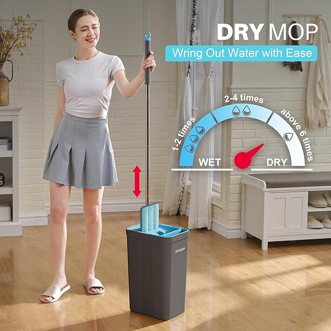 JOYMOOP Mop and Bucket Set with Wringer, Mops for Floor Cleaning, Wall Mop Cleaner with Long Handle, with 6 Reusable Microfiber Mop Pads - Grey+Cyan Blue