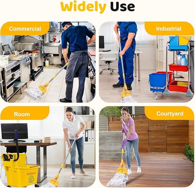 61 inch Mop Handle, Commercial Industrial Heavy Duty String Mop Floor Cleaner, Wet Mop with Long Adjustable Stainless Handle for Home, Garage, Office, Courtyard, Warehouse Floor Cleaning