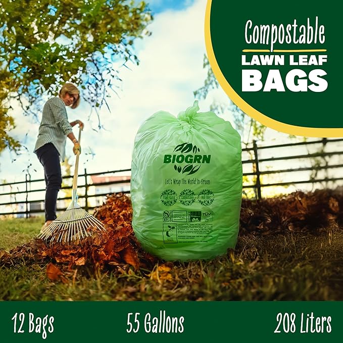 50-55 Gallon Compost Bags, Heavy Duty Compostable Trash Bags, 1.57 Mil Extra Thick Biodegradable Yard Waste Bags, Compostable Lawn Bags, Large Compost Leaf Bags BPI & ASTM D6400 Certified