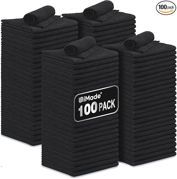 Microfiber Cleaning Cloth, 100 Pack Microfiber Towels for Cars Commercial Grade Work Rags Bulk Detailing Cloth for Automotive Bar Mechanic Restaurant Garage Housekeeping, 11.5"x 11.5", Black