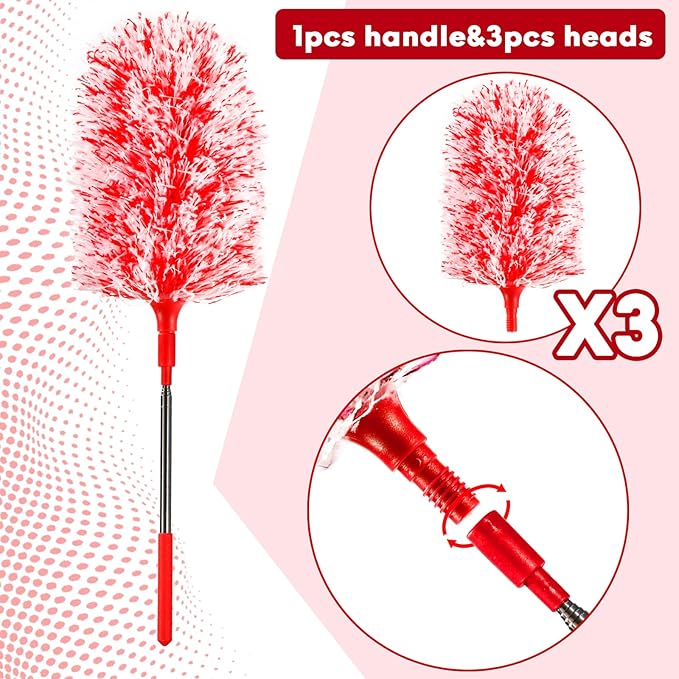 Extendable 20-49inches Microfiber Feather Duster with 3pcs Replaceable Bendable Heads, Extra Long Duster for Cleaning, Electrostatic Dust Remove for Ceiling, Fan, Window, Bookshelves (Red)