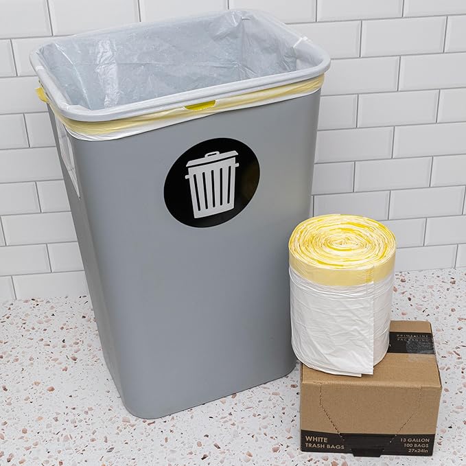 Medium Trash Bags Drawstring, 13 Gallon, Kitchen Garbage Liners for Home, Office Disposal, Recycling, Waste Management, 24x27, 100 Count