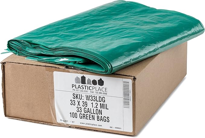 Plasticplace 31-33 Gallon Trash Bags │ 1.2 Mil │ Heavy Duty Garbage Can Liners │ 33" x 39", Green, 100 Count