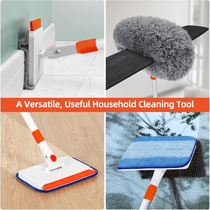 Baseboard Cleaner Tool with Handle, Extendable Long Handle Baseboard Cleaning Duster with Reusable Pads for Floorboard, Ceiling Fan Blade Cleaner Duster (Gray)