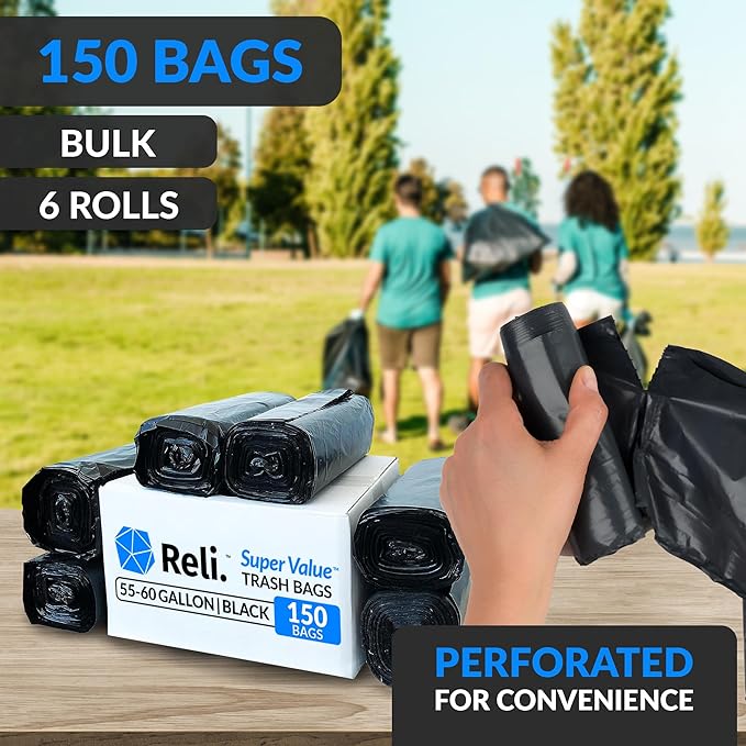 Reli. 55-60 Gallon Trash Bags Heavy Duty | 150 Count | 50-60 Gallon | Large Black Garbage Bags | Made in USA