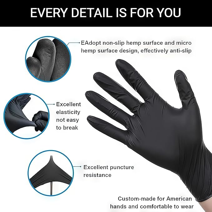 Disposable 5 & 8 Mil Black Nitrile Gloves 100-1000Pcs S-XL – Heavy Duty Latex & Powder-Free – Textured, Chemical-Resistant