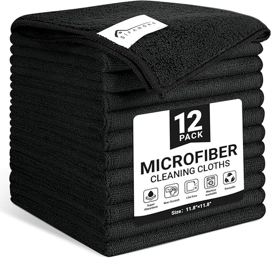 Microfiber Cleaning Cloth, 12 Pack Lint-Free and Highly Absorbent Rags, Black Reusable Microfiber Towels for Car, Kitchen, Bathroom and Household Cleaning Supplies, 11.8"X11.8"