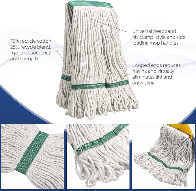 Eccliy 3 Pack Mop Heads Replacement Cotton String Mop Heads Heavy Loop Commercial Refills Replacement Bulk Heavy Duty Wet Refills for Home Industrial Commercial Floor Cleaning