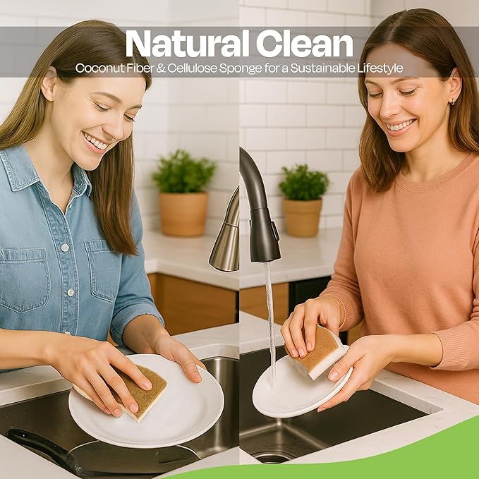 Natural Kitchen Sponges Pack of 12 - Biodegradable Compostable Cellulose & Coconut Scrubber Sponge with Non-Scratch - Long Lasting, Eco Friendly Sponges for Dishes, Heavy Duty Dish Scrubber