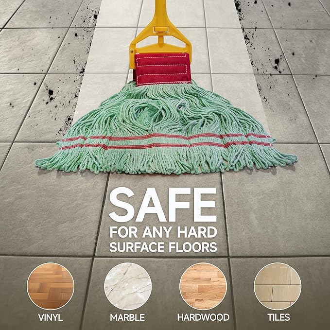 ONESIMUS 30 oz Pack of 12 Cleaning Heavy Duty Industrial Commercial Grade Looped-End Mop Head Replacement,6'' Headband Cotton String Wet Mop Head Refills,Machine Washable Green Mop