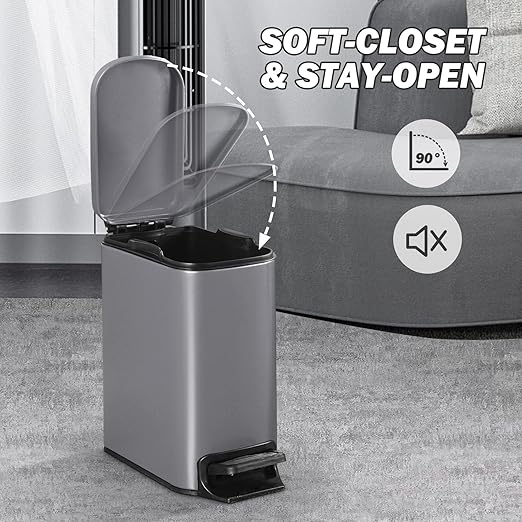 ELPHECO Bathroom Trash Can with Lid Soft Close 1.8 Gallon / 6.8 Liter Stainless Steel Garbage Can Slim Step with Removable Bucket for Bathroom, Office, Bedroom, Matte Grey