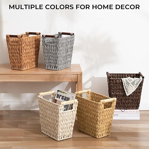 GRANNY SAYS Woven Trash Basket, Brown Wastepaper Basket with Handles, Wicker Bathroom Trash Can for Dorm Laundry Room, 1-Pack, 13" x 7 ½" x 12 ½"