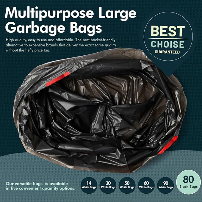 PAMI Tall 13-Gallon Kitchen Drawstring Trash Bags [80-Pack, Black] - Extra-Strong Plastic Garbage Bags- Thick Trash Can Liners For Kitchen, Bathroom & Outdoor Bins- 2ft x2ft Unscented Trash Bags