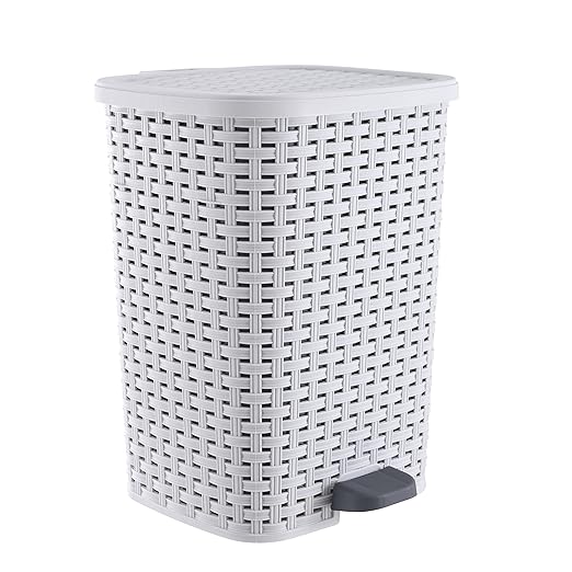 Superio Small Outdoor Trash Can with Lid for Dog Poop 6.8 Gallon/26 L Step On Plastic Garbage Can with Foot Pedal for Bathroom, Bedroom, Office, Patio, Wicker Smoke