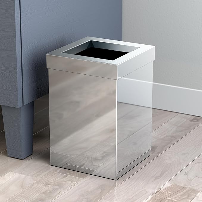 Gatco Modern Square Waste Basket and Toilet Brush Set, Chrome - Stainless Steel Trash Can with Removable Lid, Leakproof, 3 Gallon Capacity for Bathroom, Bedroom, Kitchen, or Office