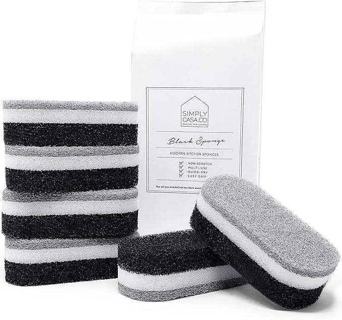 Kitchen Dish Cleaning Sponges - Pack of 6 | Non-Scratch & Fast-Drying | Reusable Scrubbers for Kitchen & Household Use | Stylish Black & White Design