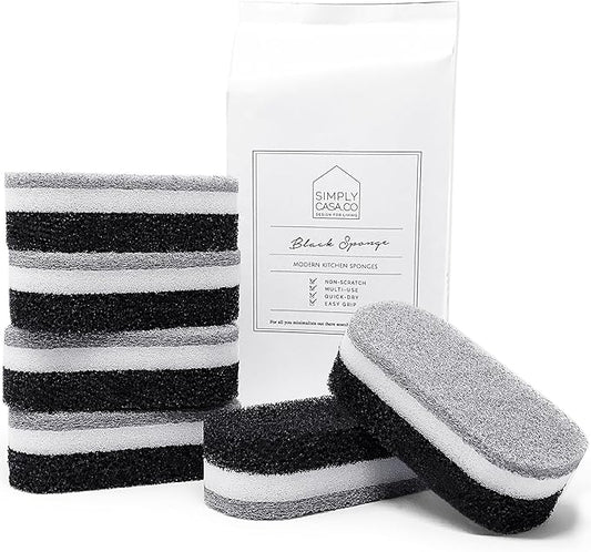Kitchen Dish Cleaning Sponges - Pack of 6 | Non-Scratch & Fast-Drying | Reusable Scrubbers for Kitchen & Household Use | Stylish Black & White Design