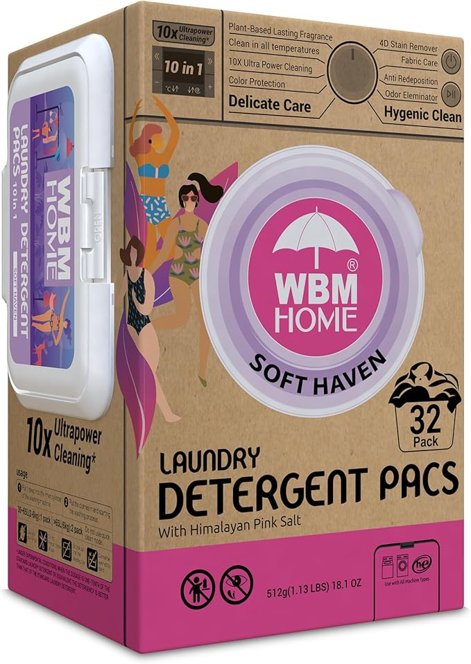 WBM Home Laundry Pods, Total 128 Count | Specially Designed for Undergarments With Soft Heaven Fragrance | Laundry Detergent Pods Formulated With Plant-Based Formula and Gentle Stain Remover