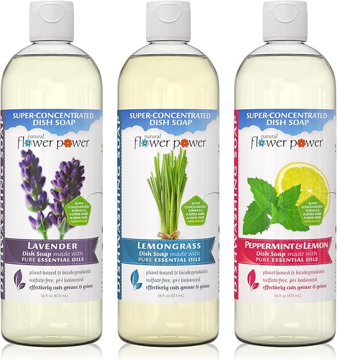 Natural Flower Power - Plant-Derived Dish Soap - Sulfate-Free, Bio-Based, pH-Balanced, Vegan Cleaning Supplies - Variety Pack - Lavender + Lemongrass + Peppermint & Lemon - 3 x 16 oz