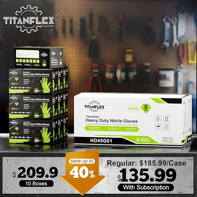 TitanFlex Heavy Duty Green Industrial Nitrile Gloves with Raised Diamond Texture, 8-mil, Latex Free, Powder Free