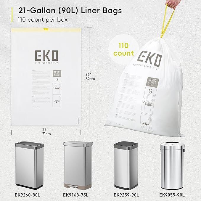 EKO 21 Gallon / 50-90 Liter,110 CountDrawstring Trash Bags, Extra-Strong Unscented Garbage Bags, Easy-Dispense Roll for Kitchen & Household Use, Resists Tears, Leaks and Punctures, Code G, White