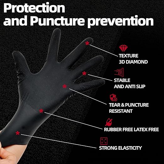 Jointown Basic Heavy Duty Nitrile Gloves, Mechanic Gloves 8 Mil Nitrile Disposable, with Raised Diamond Texture, Case of 500, Black, Large